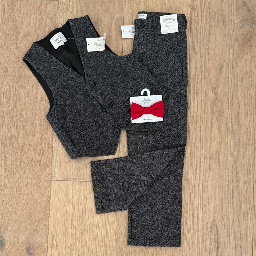 NWT boys  Charcoal Gray Dress Vest & Pants Set with Red Bow tie